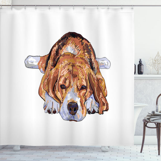 Beagle Resting Sketch Bath Curtain in Baby Blue, White and Brown Tones