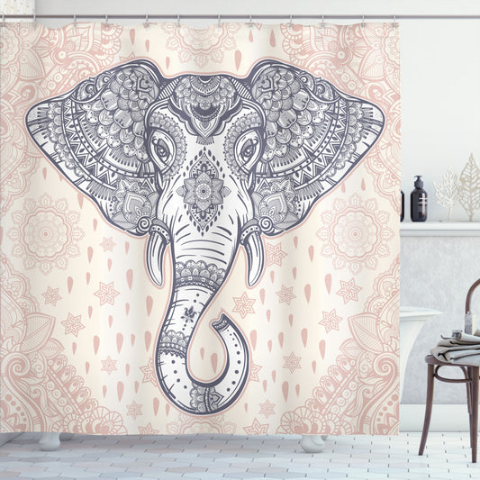 Bohemian-Inspired Elephant Mandala Shower Curtain in Pale Pink and Purple