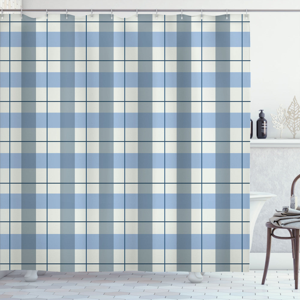 Checkered Slate Blue, Pale Blue, and White Scottish Tartan Plaid Shower Curtain