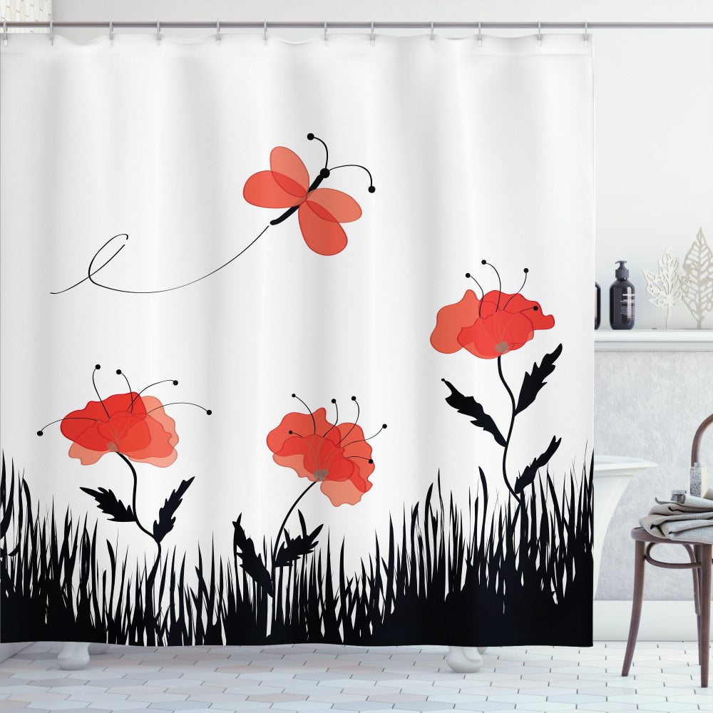 Abstract Poppy, Salmon, White, and Black Pastoral Field Shower Curtain