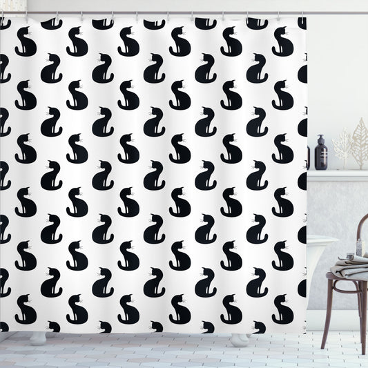 Black and White Cat Silhouette Printed Shower Curtain