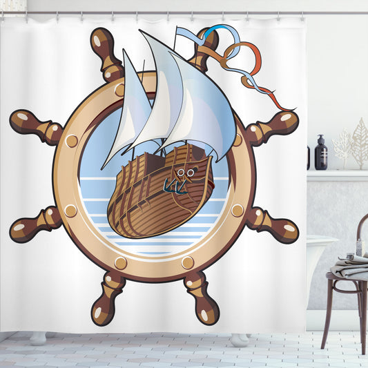 Brown and Blue Ships Wheel Sailing Shower Curtain