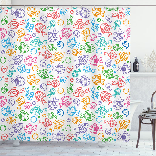 Whimsical Fish Aquatic Motif in Multicolor - Fish Themed Shower Curtain