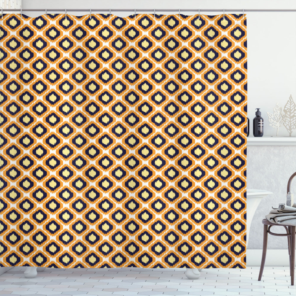 Vibrant Indonesian Geometric Ikat Shower Curtain - Orange, Indigo, Yellow