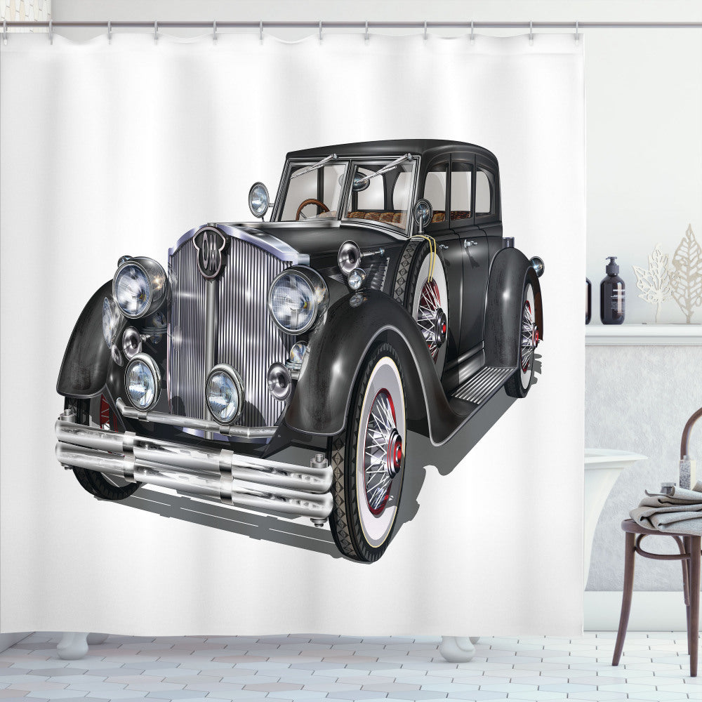 Vintage Hollywood Glamour: Realistic Classic Car Inspired Charcoal Grey and Grey Shower Curtain