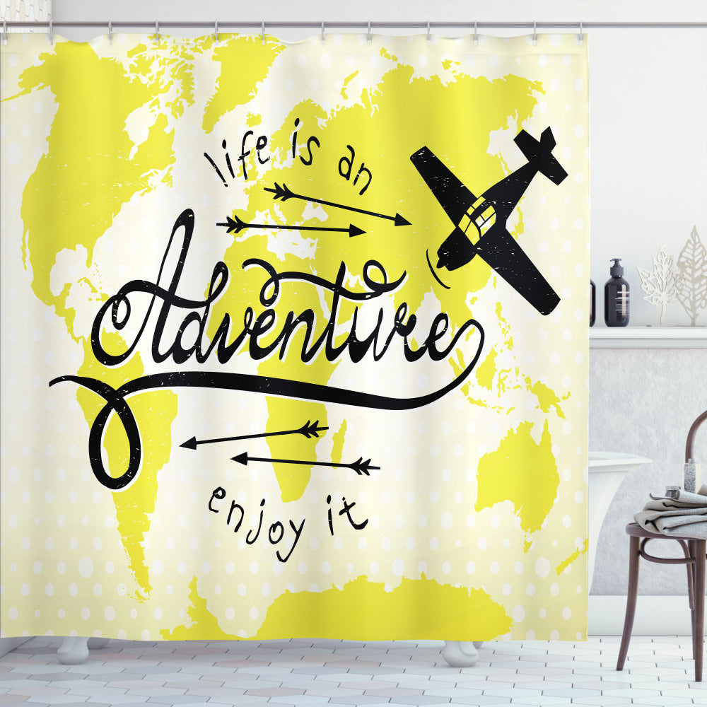 Adventure in the World Map: Yellow and Black Airplane Design Shower Curtain