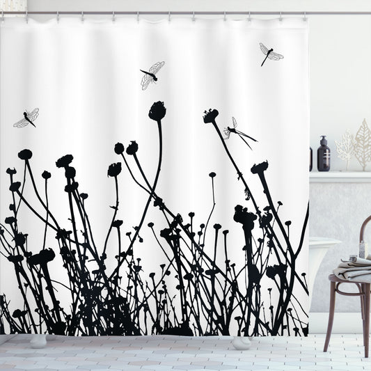 Black and White Meadow Flowers Shower Curtain - White and Black Floral Bathroom Decor