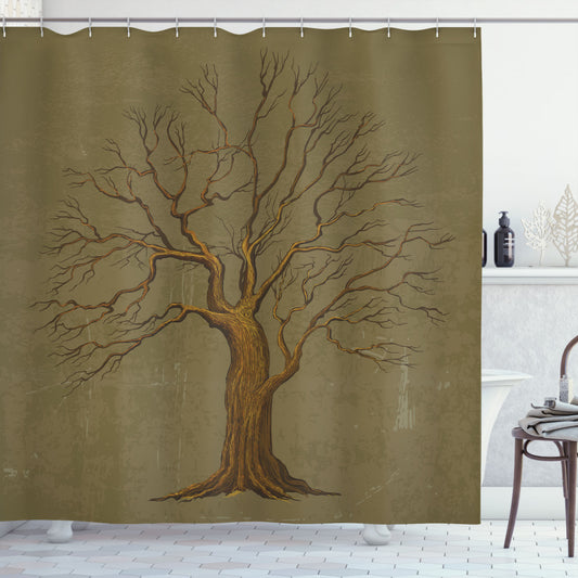 Vintage Olive Green Tree Design Shower Curtain with Old Paper Effect