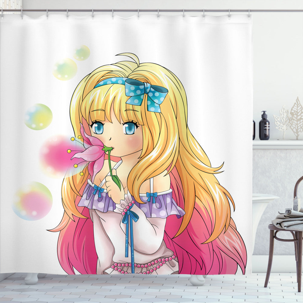 Anime-inspired Manga Cartoon Artwork Shower Curtain featuring Yellow and Pink Accents