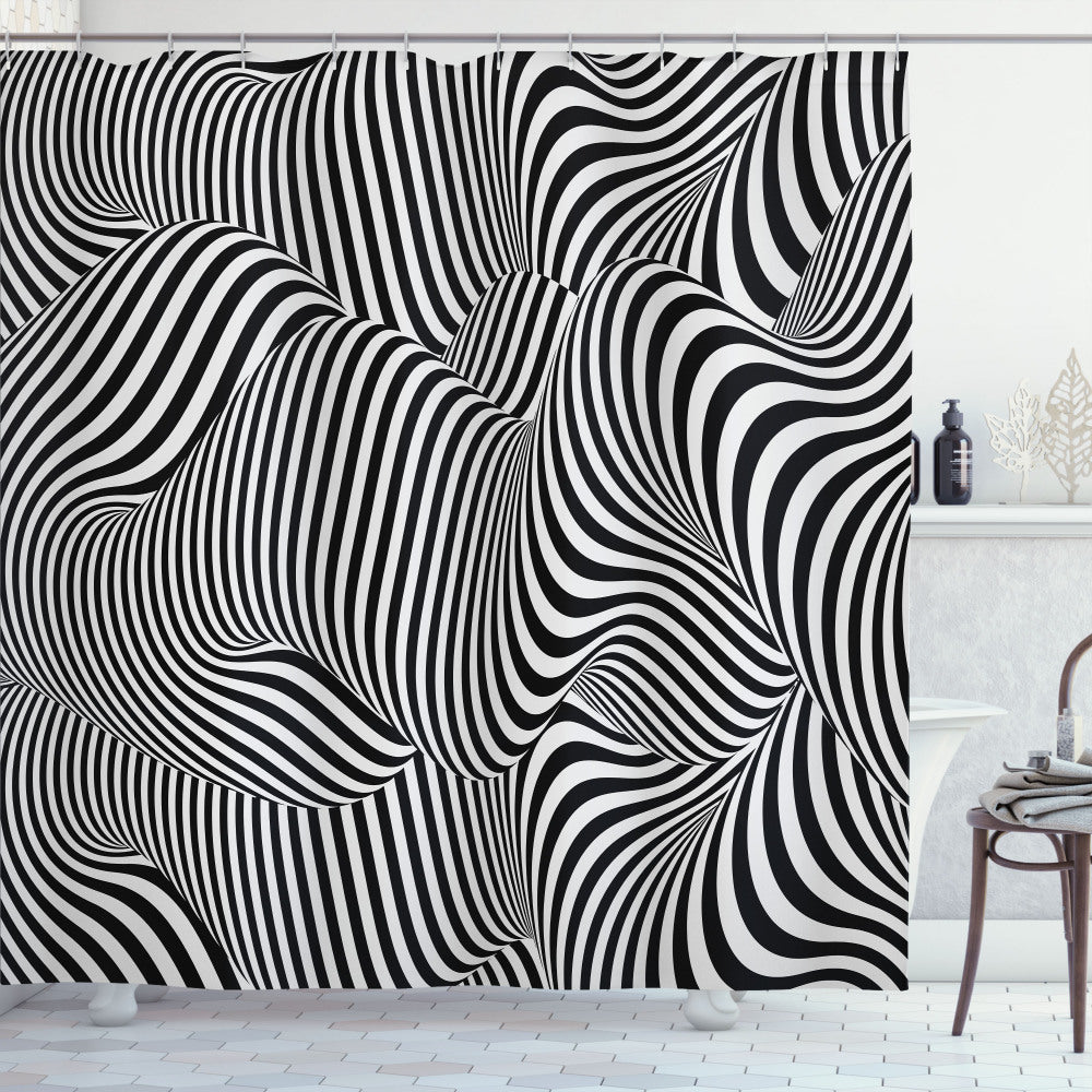 Abstract Surreal Optical Lines Art Bath Curtain in Charcoal Grey and White Color Palette