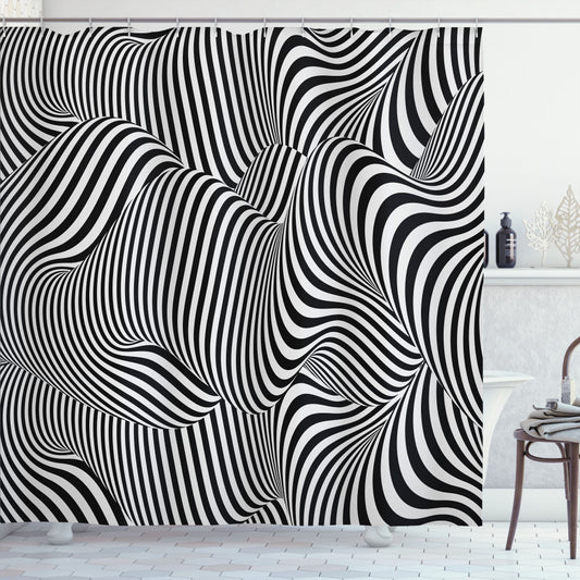 Abstract Surreal Optical Lines Art Bath Curtain in Charcoal Grey and White Color Palette