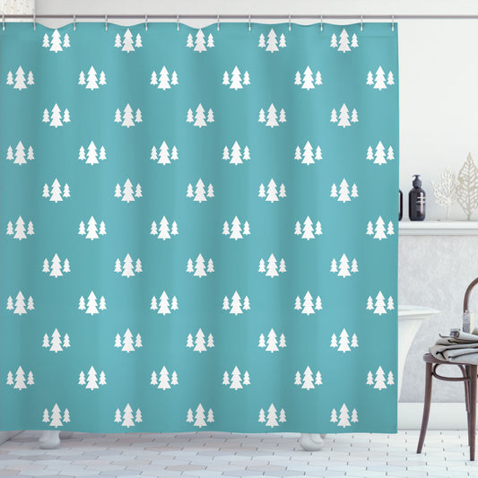 White Fir Tree Geometric Forest Design Shower Curtain in Pale Azure Blue and White