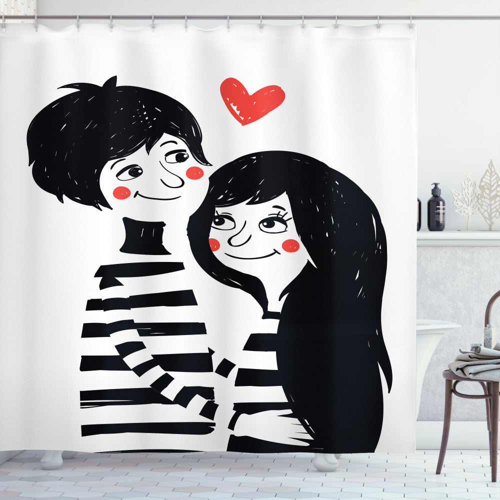 Trendy Young Couple Embraces Hipster Style with White, Black, and Red Shower Curtain