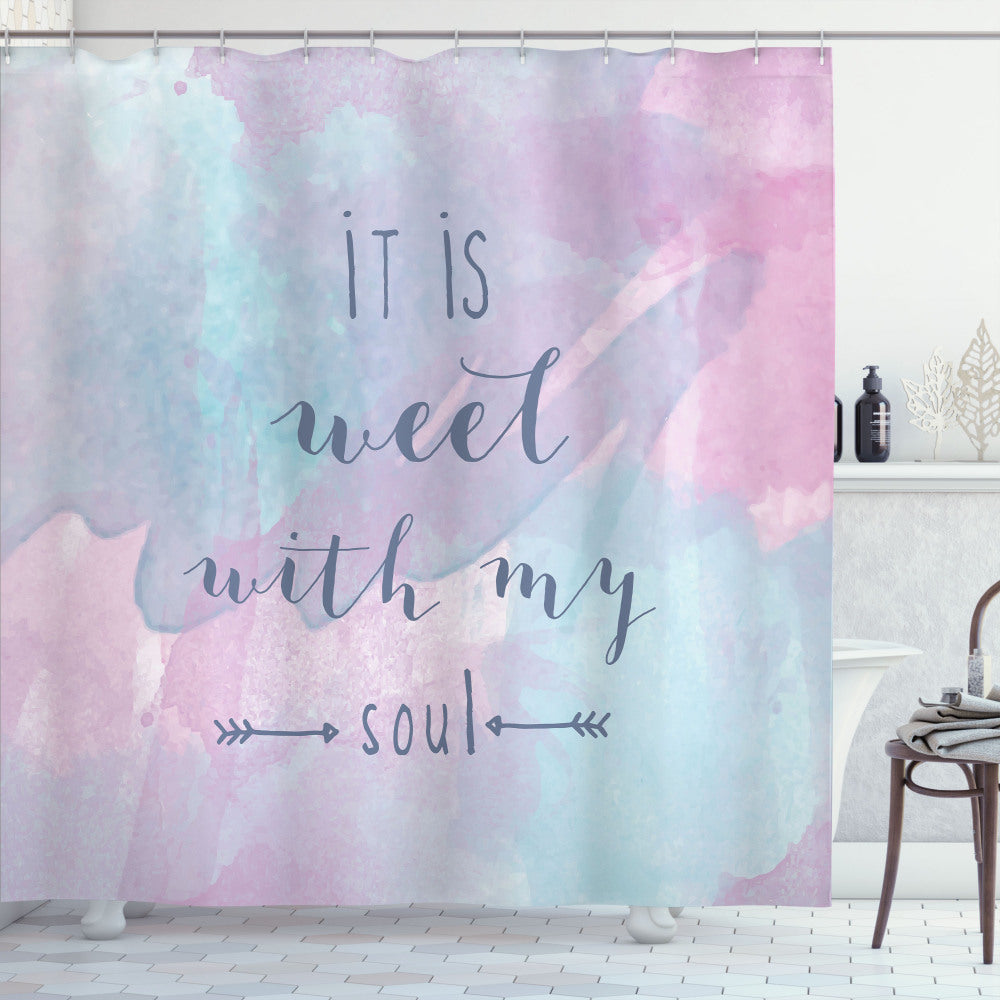 Aquarelle Bath Curtain in Serene Shades of Pale Blue, Gray, and Pink: It is Well with My Soul