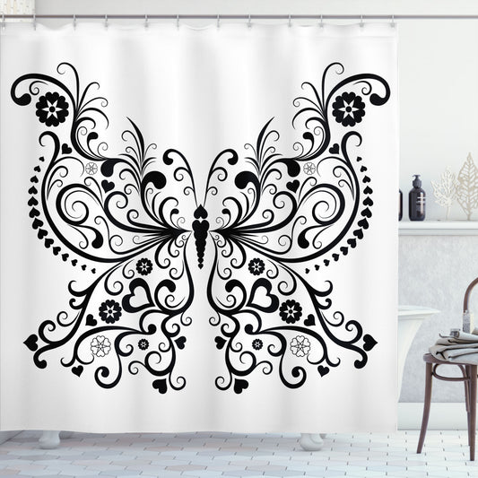 Black and White Animal Swirled Wing with Flower Design Shower Curtain