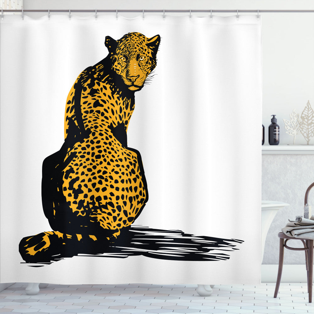 Wildlife-Inspired Leopard Shadow Sketch Bath Curtain in Marigold, White, and Black