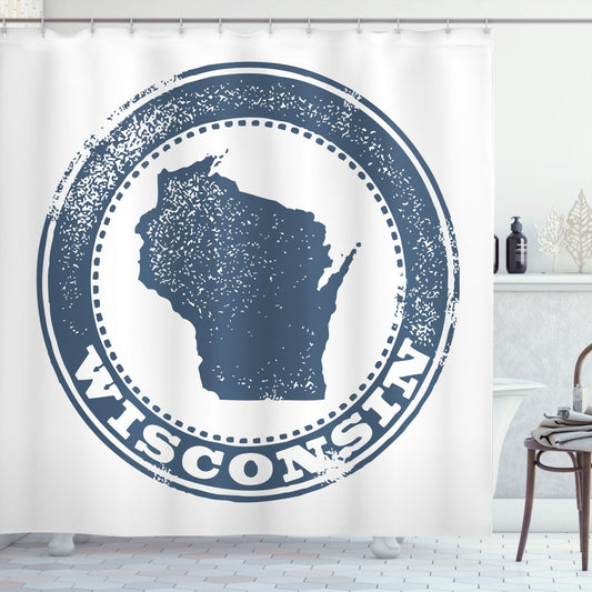 Wisconsin Map Retro Grunge Stamp Design Shower Curtain in Slate Blue and White Color Palette