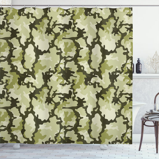 Camouflage Jungle Design Shower Curtain: Camo Pattern in Shades of Pale Green, Dark Green, and Olive Green