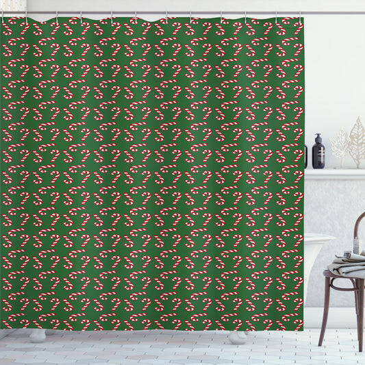 Christmas Candy Canes Shower Curtain in White, Green, and Red