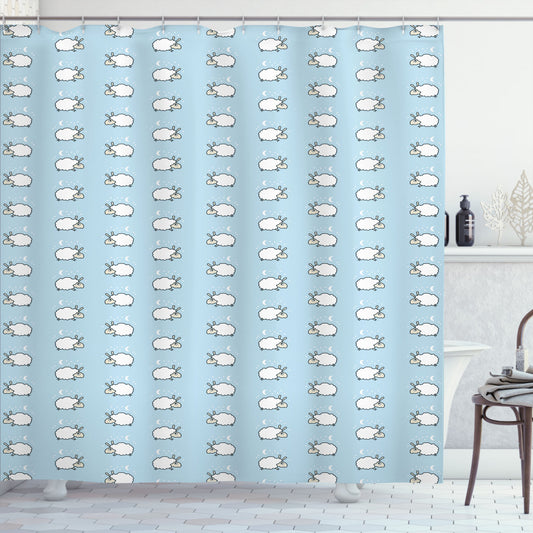 Baby Blue and White Sheep Pattern Shower Curtain - Counting Sheep Theme