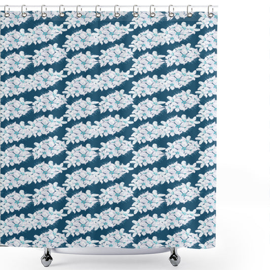 Blossoms in Blue: Cherry Blossom Floral Shower Curtain in White, Aqua, and Blue