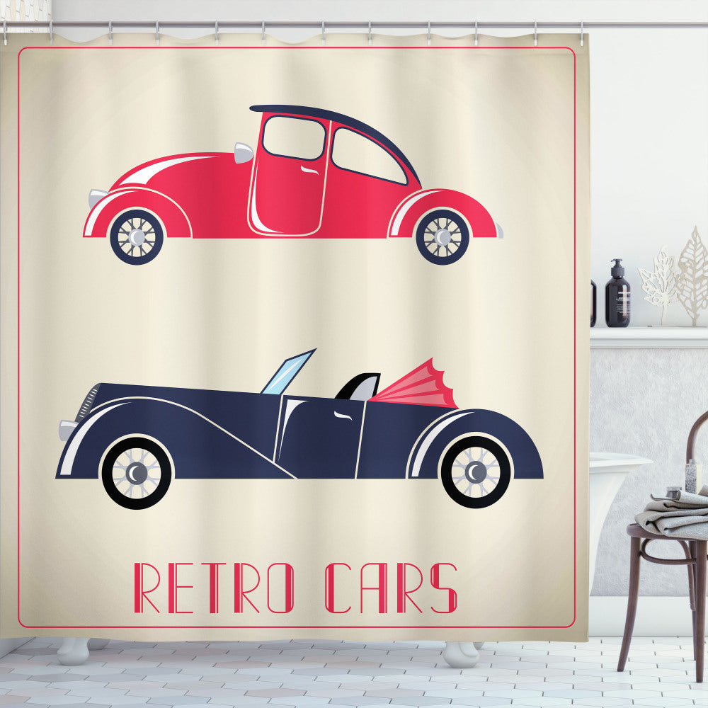 Classic Convertible Cars in Dark Coral, Night Blue, and Pink: The Perfect Shower Curtain Collection