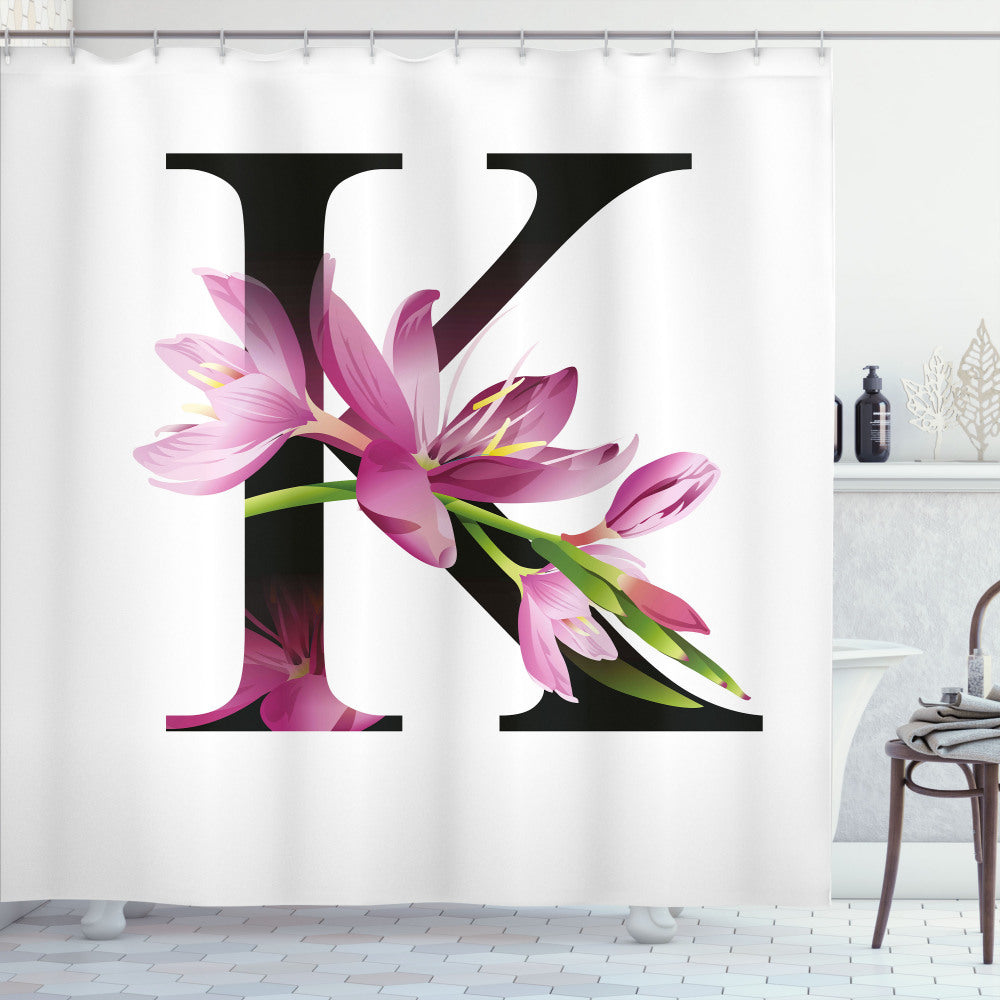 Vibrant Kaffir Lily Bath Curtain in Letter K Design: Black, Green, and Pink