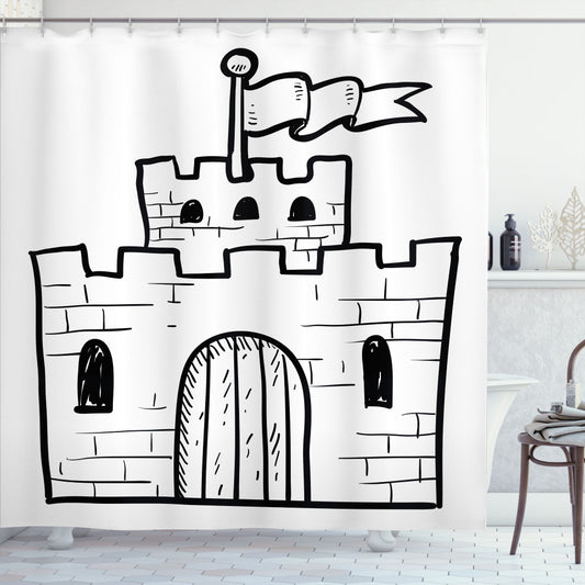 Castle-Inspired Charcoal Grey and White Monochrome Fortress Gate Shower Curtain