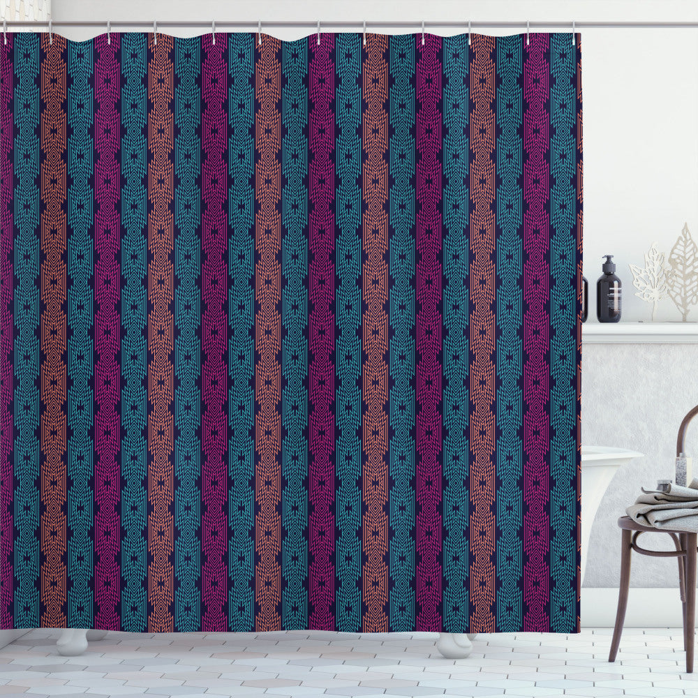 Bohemian Stripe Shower Curtain in Vibrant Modern Design Featuring Hot Pink, Aqua, Indigo, and Salmon Accents