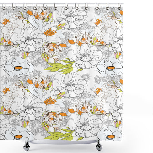 Vibrant Summer Floral Shower Curtain in Orange, Green, and Pink Colors