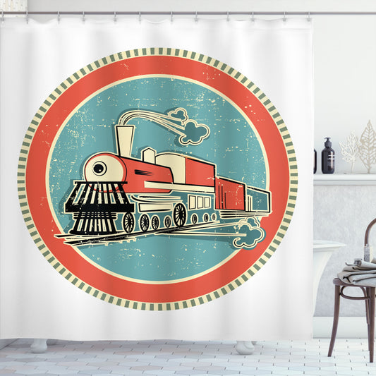 Vintage Steam Engine Art-Inspired Shower Curtain in Turquoise, Salmon, and Ivory Colors