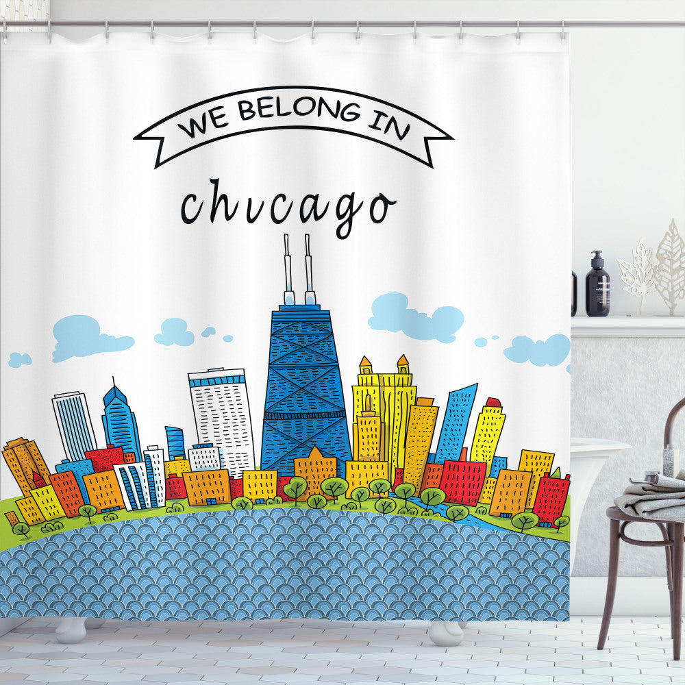 Chicago USA Cartoon Landscape Multicolor Black Brown Green Shower Curtain