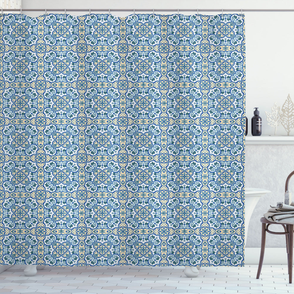 Vintage Curvy Circular Hand Tile Bath Curtain in Shades of Baby Blue, Green, and Blue