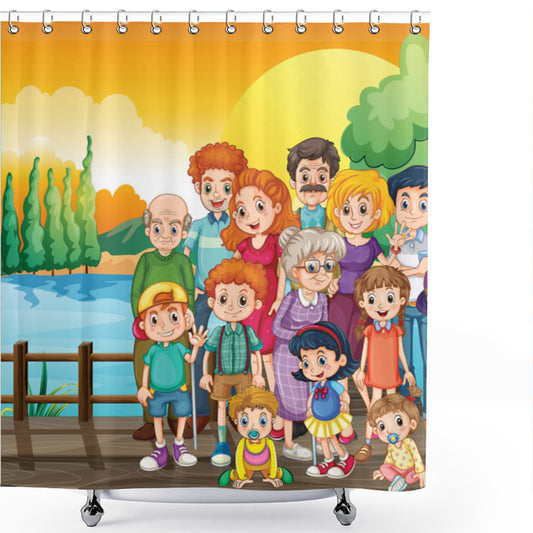 Aunt and Children Posing with Multicolor Shower Curtains