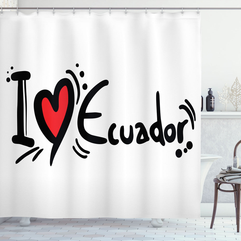 Chic Ecuadorian Inspired Bath Curtain in Charcoal Grey, Vermilion, and White Typography