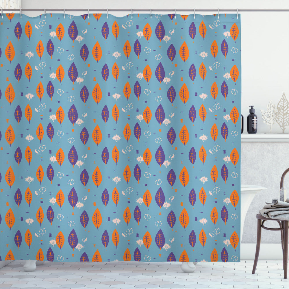 Botanical Doodle Leaves Nature Eco Bath Curtain in Vermilion and Blue Violet