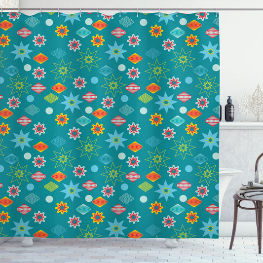 Vibrant Christmas Shower Curtain with Ornate Colorful Elements in Teal, Vermilion, Apple Green, and Mint Green