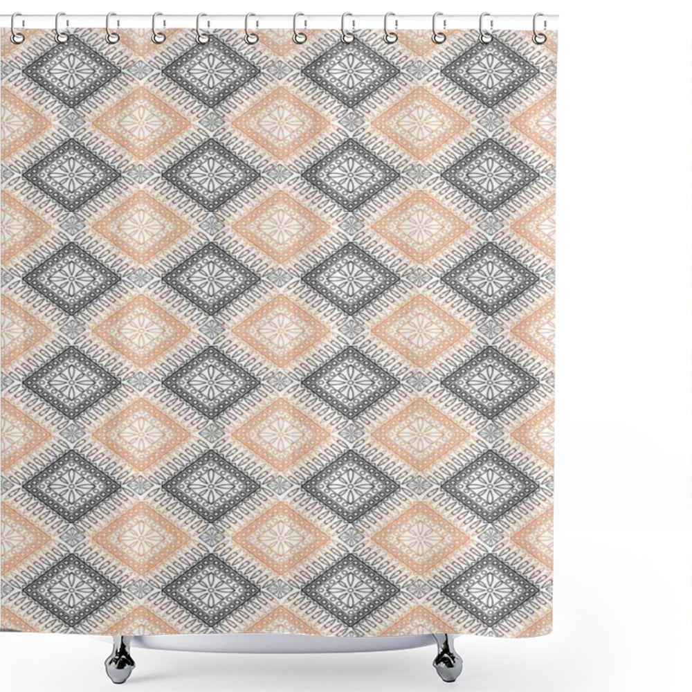 Antique-Inspired Symmetrical Composition Bath Curtain in Pale Orange, White, and Black