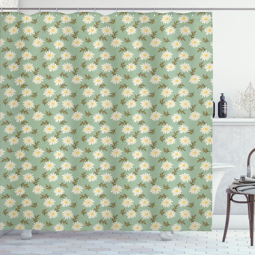 Vintage Floral Daisies Shower Curtain in Dark Khaki, Pale Earth Yellow, Eggshell, and Pistachio Green