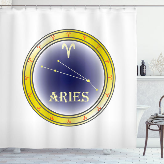 Zodiac Aries Inspired Navy Blue, Orange, and Yellow Shower Curtain with Sign Constellation Design