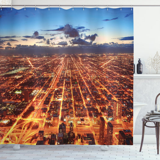 Chicago Downtown Aerial Bath Curtain in Cityscape Colors: Dark Orange, Orange, and Blue