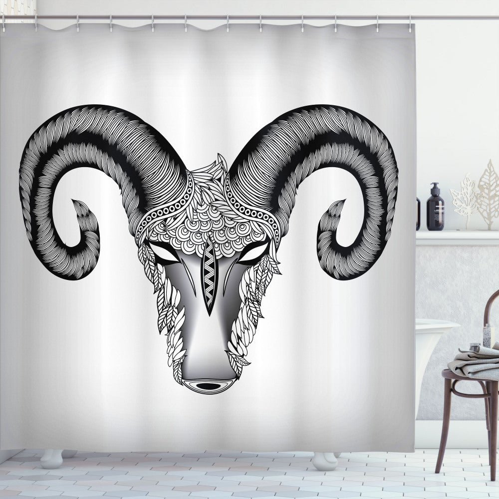 Zodiac Aries Shower Curtain in Pale Grey, White, and Black - Aries Art Director's Pick