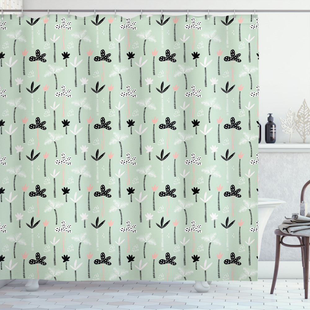 Tropical Hawaiian Palm Tree Shower Curtain in Mint Green, Black, and Coral