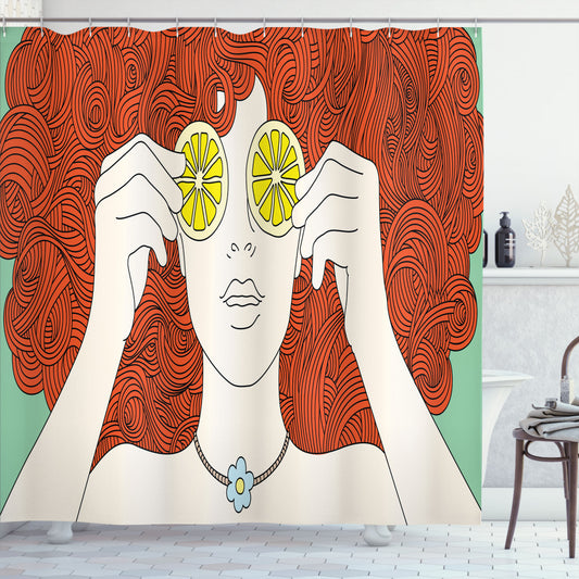 Vintage Multicolor Retro Lemon Curly Ginger Hair Girl Shower Curtain