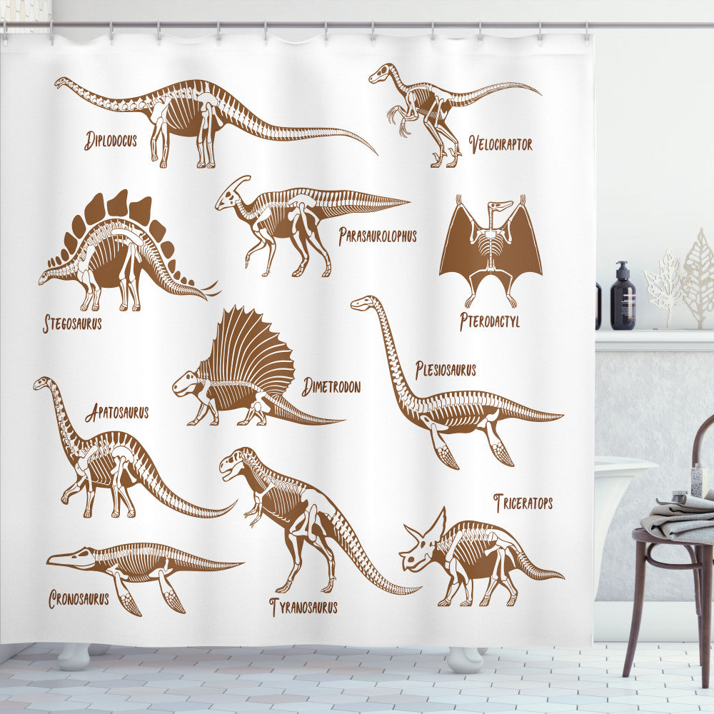 Velociraptor Bath Curtain in White and Brown: A Reptile Dino-Inspired Design