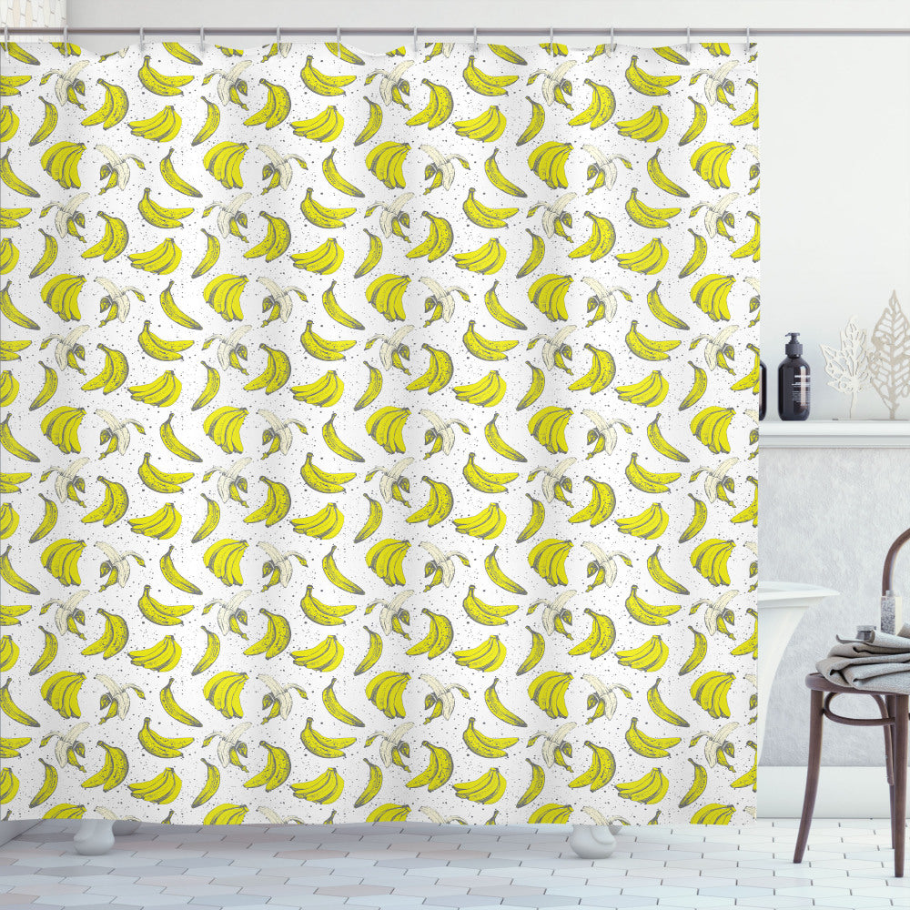 Banana-themed Shower Curtain with Whole Fruit Sketch in Yellow, Dark Sepia, Cream, and White