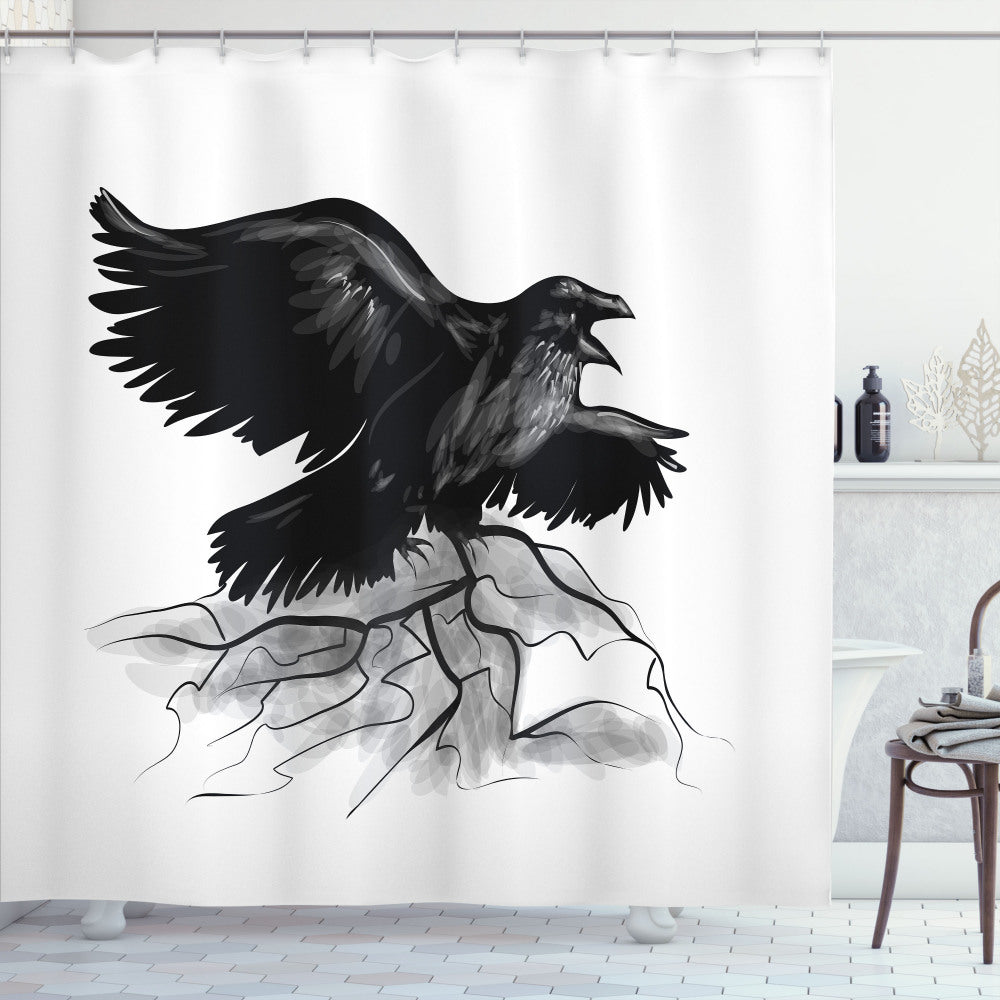 Bird Open Wings Shower Curtain featuring Black Crow, Charcoal Grey, and White