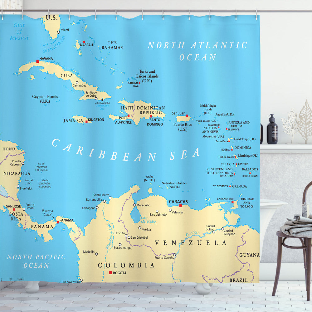 Wanderlust Blue and Ivory Caribbean Capitals Map Shower Curtain