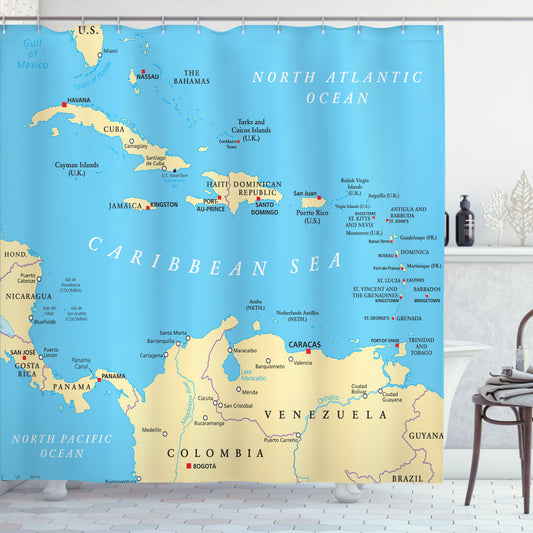 Wanderlust Blue and Ivory Caribbean Capitals Map Shower Curtain