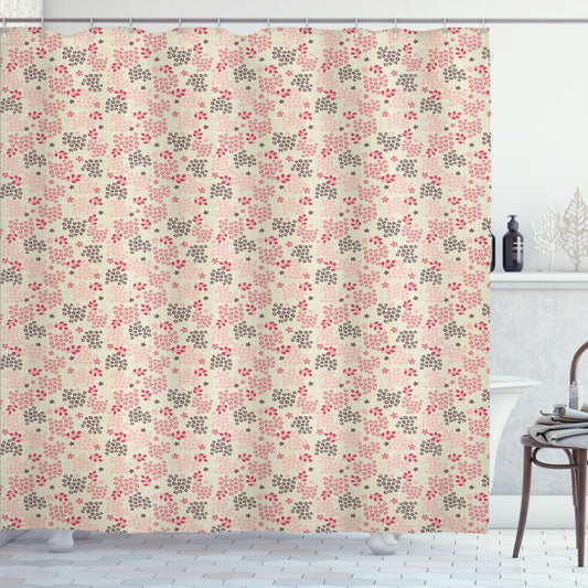 Vintage Pastel Flowers and Leaves Shower Curtain in Purple, Beige, and Pink Color Scheme